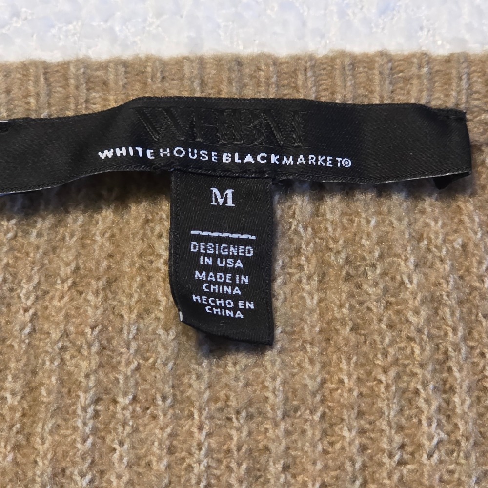 White House Black Market V-Neck Sweater Womens M Tan Puff Shoulder Pointelle - Picture 3 of 10